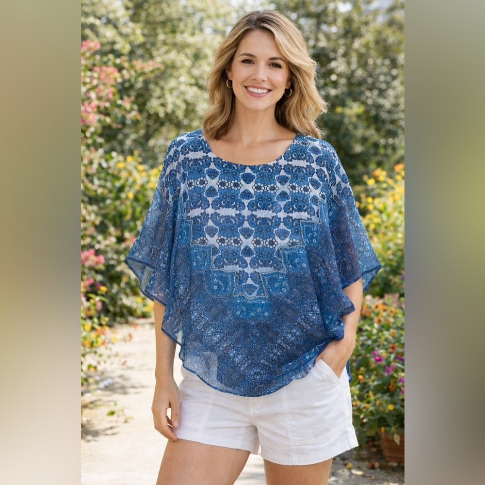 Covington Boho Blusa Azul S 2pc Sheer Overlay Summer Flow Top Chic